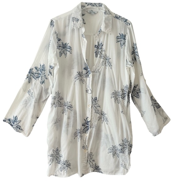 100% Cotton Embroidered Blue Island Coverup Blue Palm Trees Pockets Size Medium - Picture 1 of 8